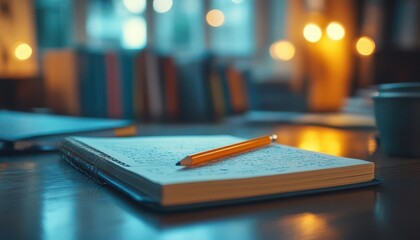 Homework assignment on a desk with notebooks and pencils, focused atmosphere, close-up, soft lighting, sharp focus