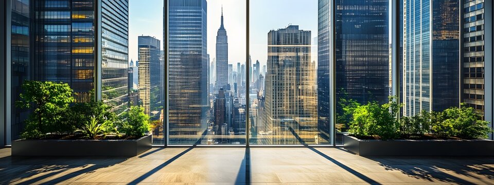 Fototapeta A view of the city from inside an office building, the New York skyline visible through glass windows. Trees can be seen outside, with towering skyscrapers in the distance. 