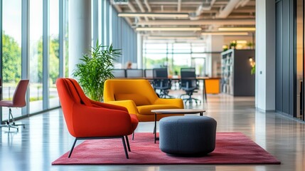 Fototapeta premium Office environment with modern furniture and open workspaces, collaborative atmosphere, vibrant colors, sharp focus