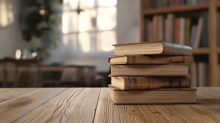 Stack of Books on Wooden Table