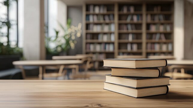 Stack of Books on Wooden Table in Educational Setting