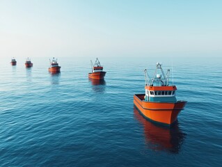 Fototapeta premium A serene view of fishing boats floating on calm waters under a clear blue sky, perfect for marine and coastal themes.