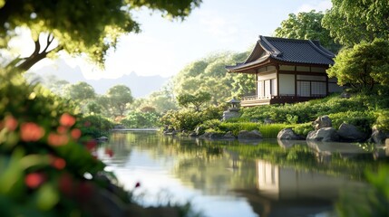 Obraz premium Serene Japanese Garden with Traditional House and Pond