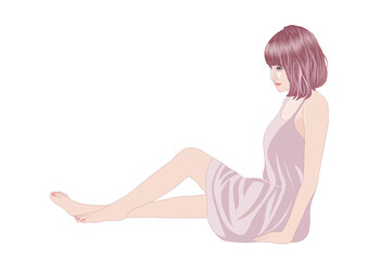 Fototapeta premium 片膝立てて床に座る少女イラスト