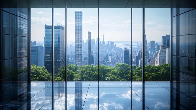 Fototapeta A view of the city from inside an office building, the New York skyline visible through glass windows. Trees can be seen outside, with towering skyscrapers in the distance. 