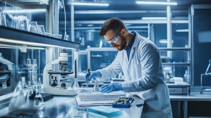 A laboratory worker conducts tests on product samples while using various scientific instruments for effective quality control
