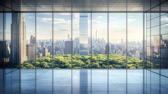 Fototapeta A view of the city from inside an office building, the New York skyline visible through glass windows. Trees can be seen outside, with towering skyscrapers in the distance. 