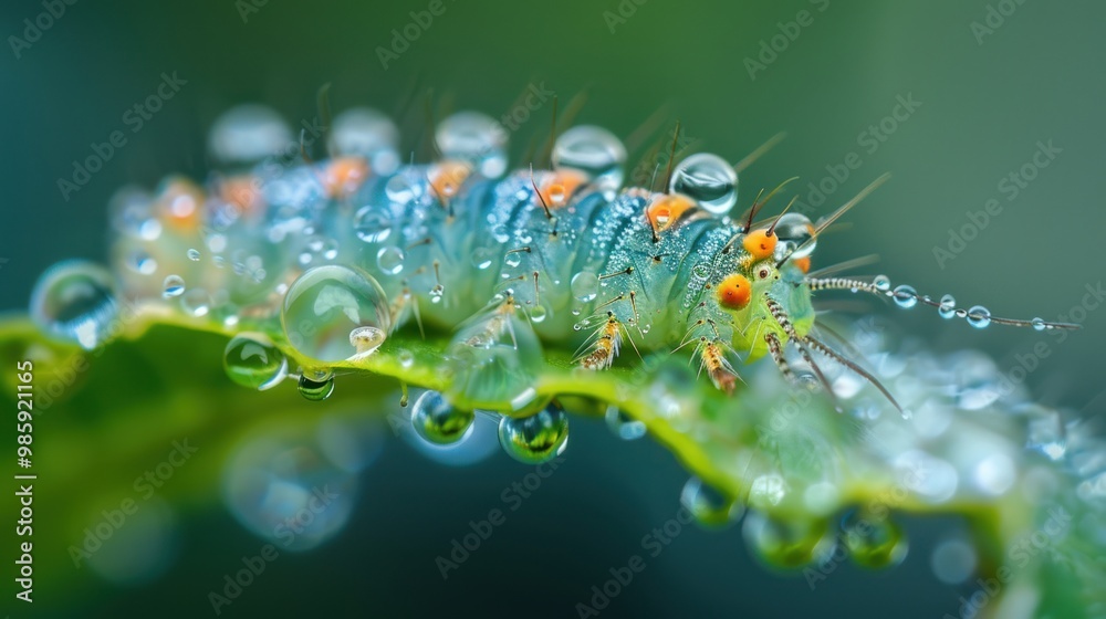 Canvas Prints Dewy Caterpillar on a Leaf