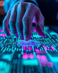 Futuristic Leadership: Holographic Digital Business Tools in a High-Tech Office with Teal and Purple Lighting