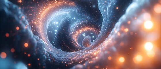 A creative representation of cloud technology, featuring swirling vortexes of information and luminous orbs, symbolizing the dynamic nature of data management and storage