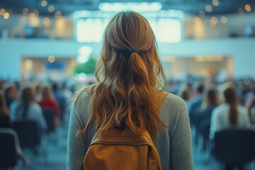 female urban planner at professional conference networking scene with diverse attendees modern conference setting depicting career development and industry collaboration in city planning