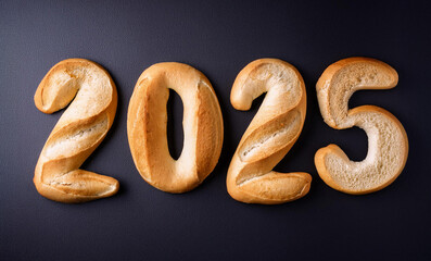 Baguette bread isolated. featuring Baguette bread arranged to form the numbers "2025" on a black background