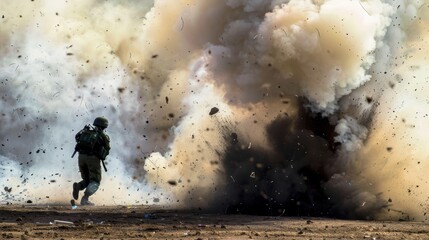 Fototapeta premium Soldier running from explosion on battlefield during combat training exercise