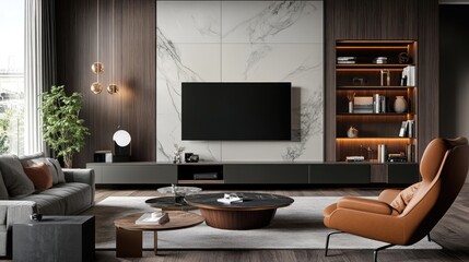Modern living room with a media console,