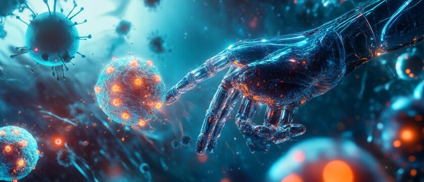 A creative depiction of bioengineering technologies, showcasing lab experiments with glowing microbes, advanced prosthetics, and smart materials, representing the future of human enhancement and