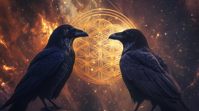 Pair of ravens with tree of life and sacred geometry flower of life symbol, space background. Sacred Geometry. Illustration