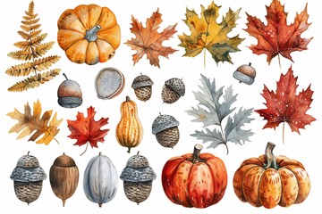 Fall clipart featuring vibrant autumn leaves acorns pumpkins in warm orange and red tones perfect for seasonal or festive designs