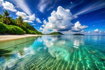 Obraz premium Tropical beach with crystal clear water and blue sky with clouds
