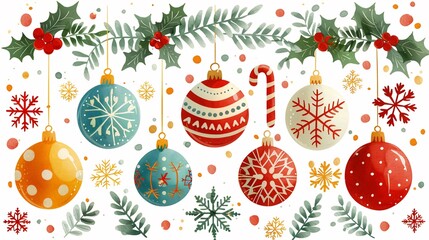 Festive Christmas clip art featuring decorative elements like candy canes snowflakes ornaments holly leaves in bright colors perfect for holiday cards or seasonal designs