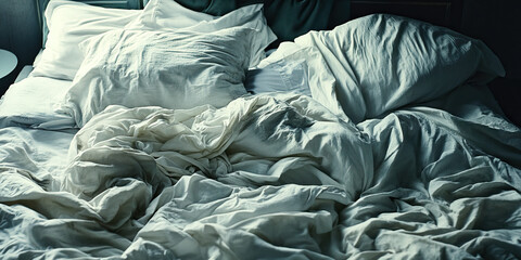 A disheveled bed, covered in rumpled sheets and hiding untold secrets.