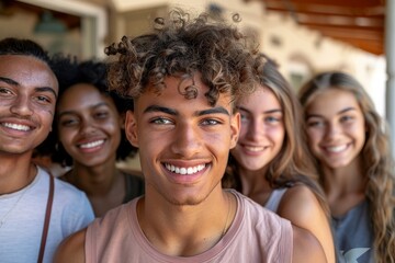 Fototapeta premium group of happy different nationalities college students or teenagers, selfie