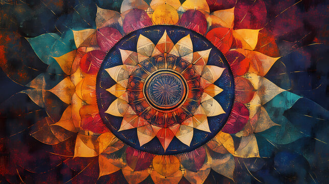 Mandala colorful vintage art, ancient indian vedic background design, old painting texture with multiple mathematical shapes. Mandala. Illustration