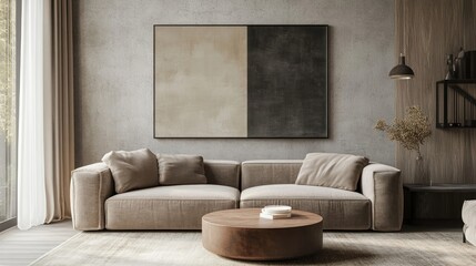 Round accent coffee table near beige sofa against wall with frame Minimalist interior design of modern living room