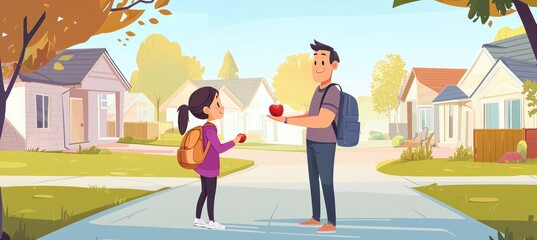  A father stands in the middle of his driveway, holding out an apple to his daughter as she walks towards him . The background is a suburban neighborhood with trees and houses in a flat cartoon style.
