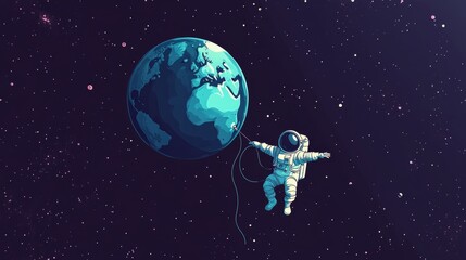 Astronaut floating in space tethered to a large balloon shaped like Earth playfully drifting through the cosmos in a whimsical cartoon style