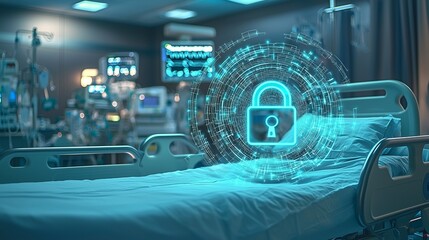 Hospital bed with digital lock symbolizing cybersecurity in healthcare.