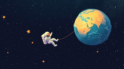 Fototapeta premium Cartoon astronaut floating weightlessly in space attached to a large Earth-shaped balloon surrounded by stars in a whimsical, playful style