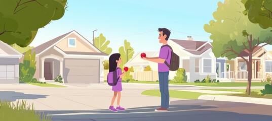  A father stands in the middle of his driveway, holding out an apple to his daughter as she walks towards him . The background is a suburban neighborhood with trees and houses in a flat cartoon style.
