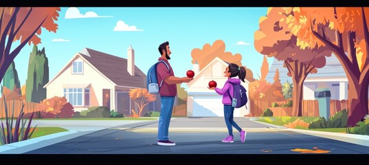 Fototapeta premium A father stands in the middle of his driveway, holding out an apple to his daughter as she walks towards him . The background is a suburban neighborhood with trees and houses in a flat cartoon style.