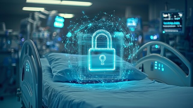 Hospital bed with digital lock symbolizing hipaa compliance and data security.
