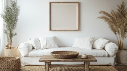 Rustic coffee table and wicker basket near white sofa against wall with art frame