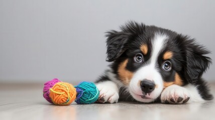 Puppy exploring a new toy with curiosity, pet behavior, introducing new stimuli to puppies