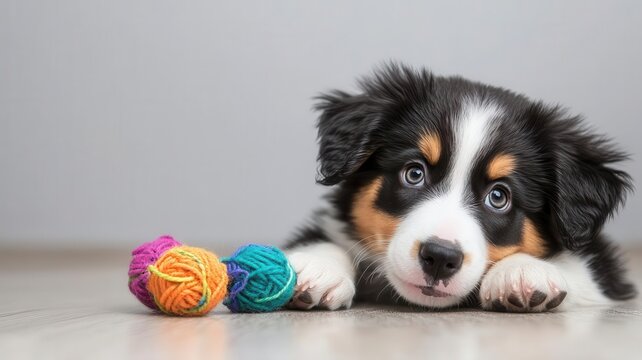 Puppy exploring a new toy with curiosity, pet behavior, introducing new stimuli to puppies