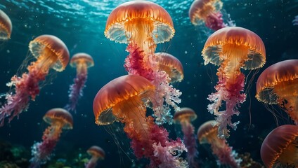 Colorful jellyfish floating in vibrant underwater scenery.