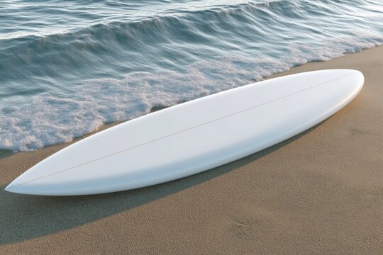 Aesthetic photo of  white blank surfboard mockup on sandy beach, overlooking ocean view