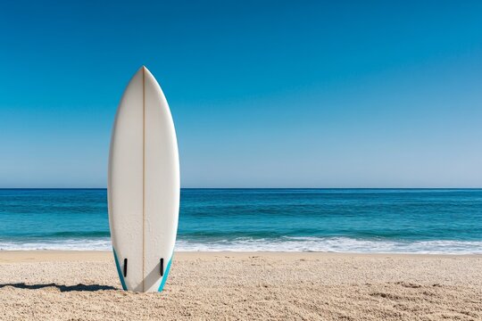 Aesthetic photo of  white blank surfboard mockup on sandy beach