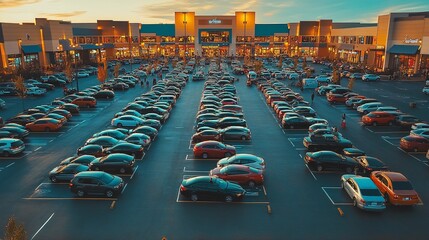 Sunset Over Busy Shopping Center Parking Lot