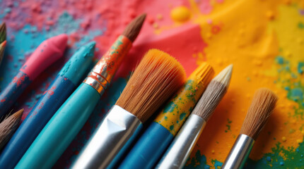 Fototapeta premium Colorful Artistic Paint Brushes: Close-Up Photography of Paintbrushes with Paint Strokes on Canvas