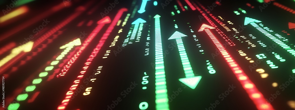 Poster abstract digital display with green and red upward arrows