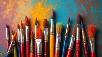 Obraz premium Colorful Artistic Paint Brushes: Close-Up Photography of Paintbrushes with Paint Strokes on Canvas