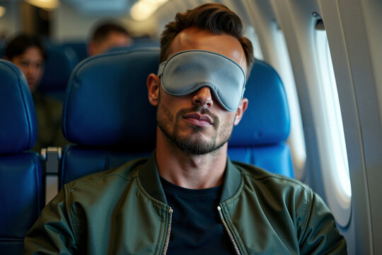 person sitting relax with blindfold and window plane in background, generative AI - Powered by Adobe