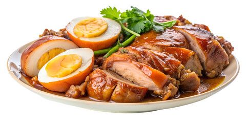 Thai Style Pork Leg Stew with Five Spices, Stewed pork leg and mix pork ,egg in street food on transparent or white background, fresh ham on rice, Rice with Pork Leg Stew, Thai street food