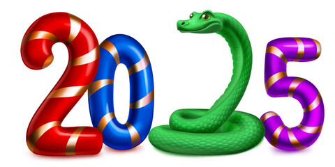 Large colorful stylized number 2025 with a festive Christmas design reminiscent of a candy cane, and a green snake instead of the number 2, with soft shadow, on a white background.