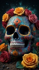 Colorful sugar skull with roses against a night graveyard.