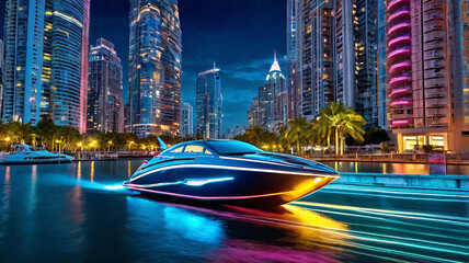 A futuristic speedboat races through a neon city, sleek design trailing sparkling lights behind it