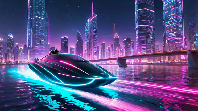 A futuristic speedboat races through a neon city, sleek design trailing sparkling lights behind it